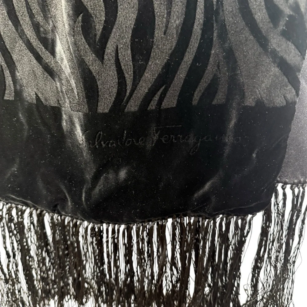 Salvatore Ferragamo Zebra Pattern Black Velvet Neck Scarf Fringe Ends Made Italy
